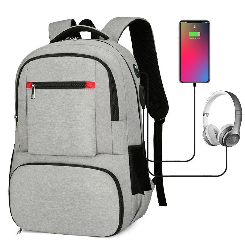 Oxford cloth insulated backpack shown in light grey, featuring curved shoulder straps and a pull-rod belt accessory.