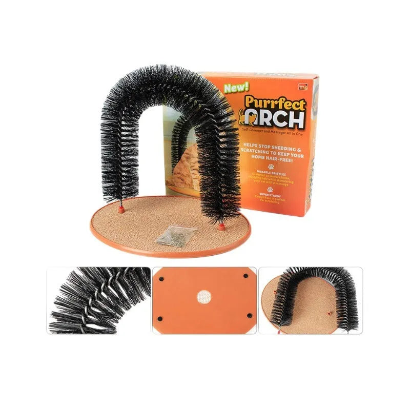 Arched plastic cat grooming station with built-in brush for scratching and rubbing
