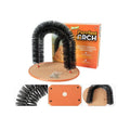 Arched plastic cat grooming station with built-in brush for scratching and rubbing