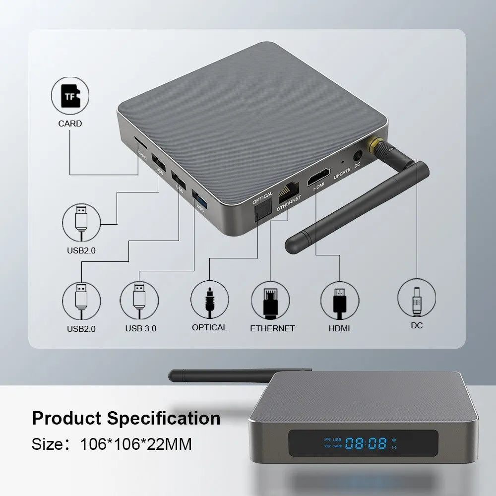 Black Android TV Box with remote, HDMI cable, and power adapter for 8K streaming.