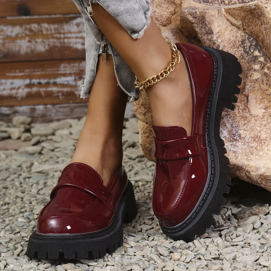 Women's plus size slip-on loafers with chunky platform heel in black, green or wine red