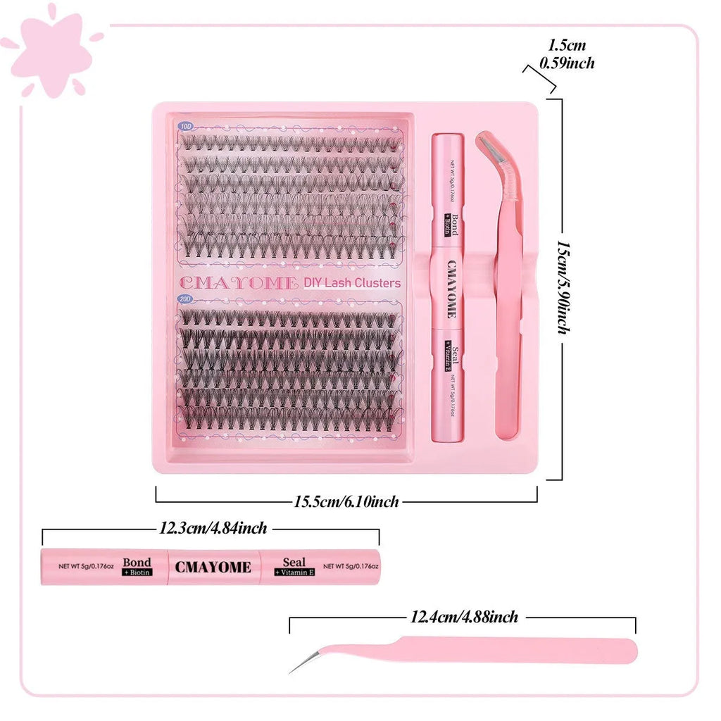 DIY single cluster false eyelashes set with adhesive and applicator tool on a white background.