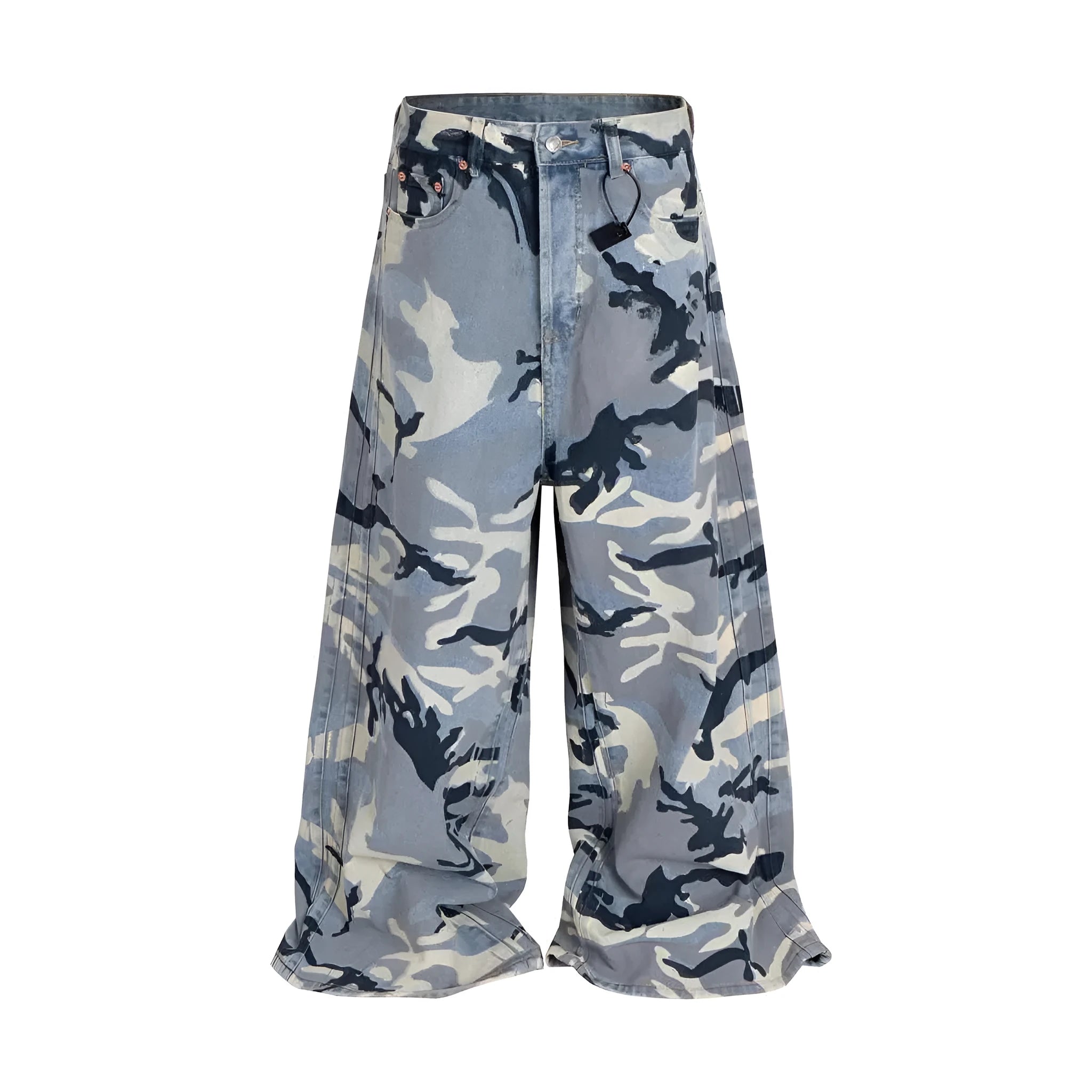 Snow camouflage blue jeans with loose fit and micro-elastic denim fabric