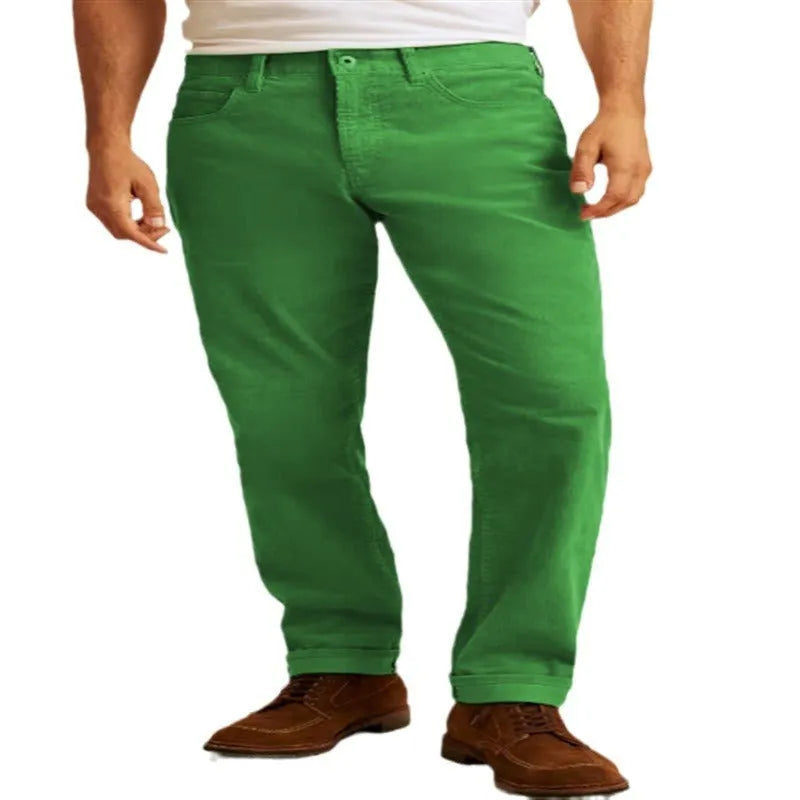 Green corduroy loose straight-leg casual trousers laid flat, showing mid-waist and zip fly detail.