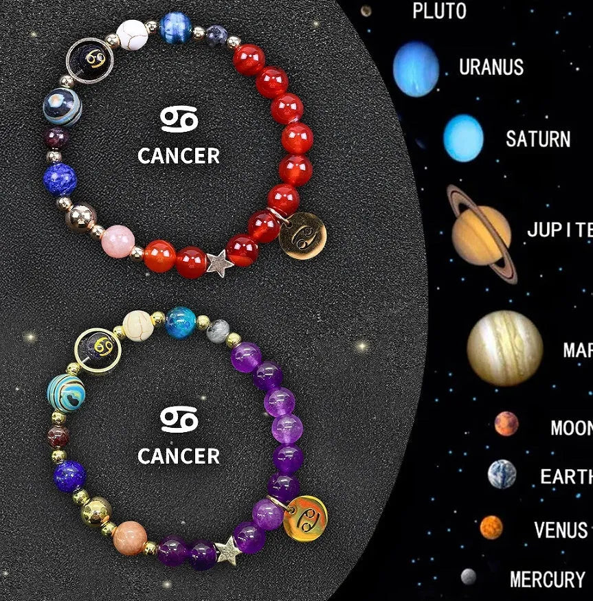 Set of two natural stone beaded bracelets featuring zodiac sign designs on an adjustable band.