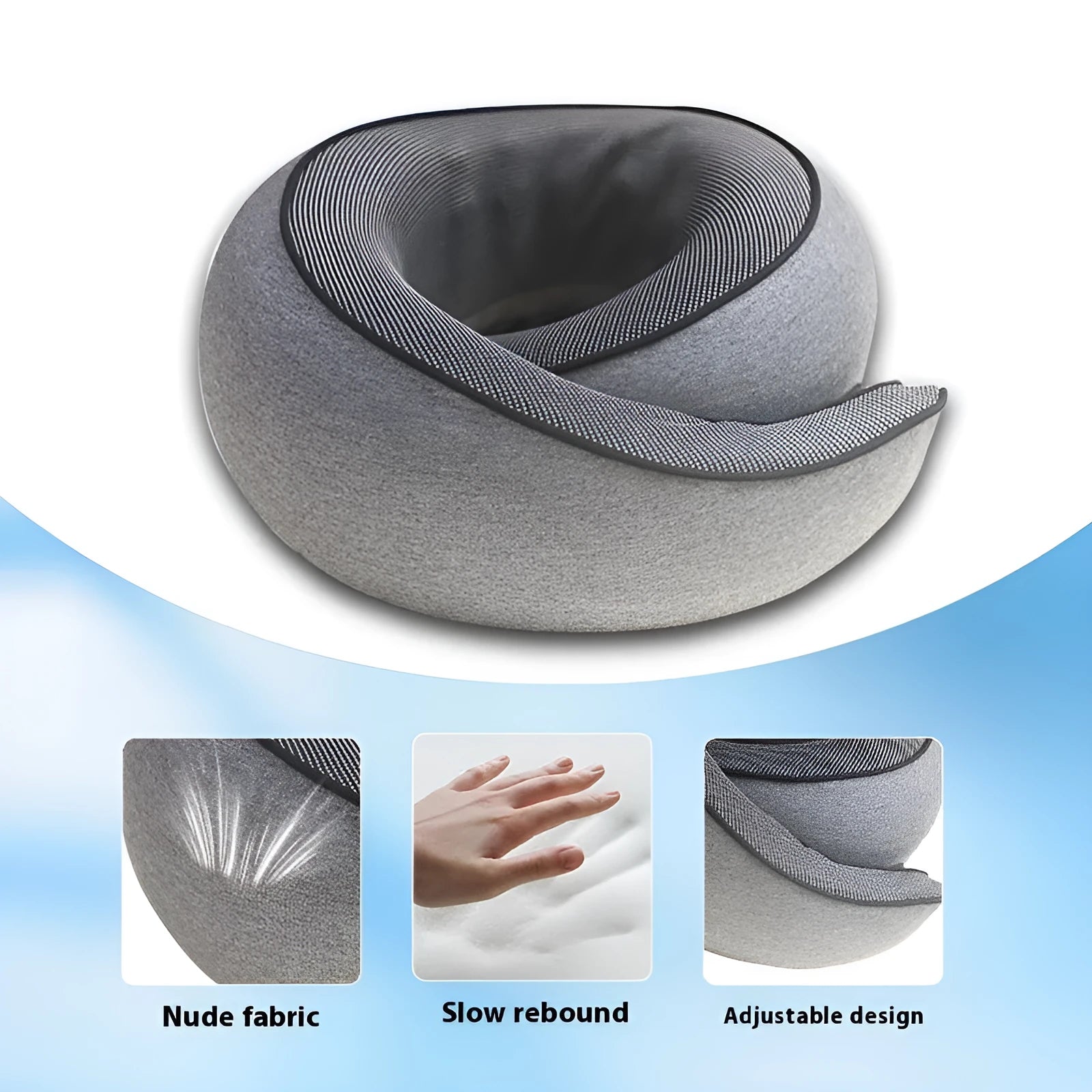 Dark grey U-shaped memory foam neck pillow shown with its storage bag.