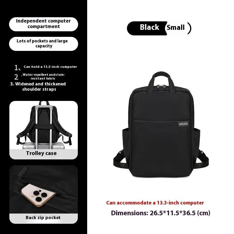 Women's canvas travel backpack in three sizes with multiple internal organisational compartments