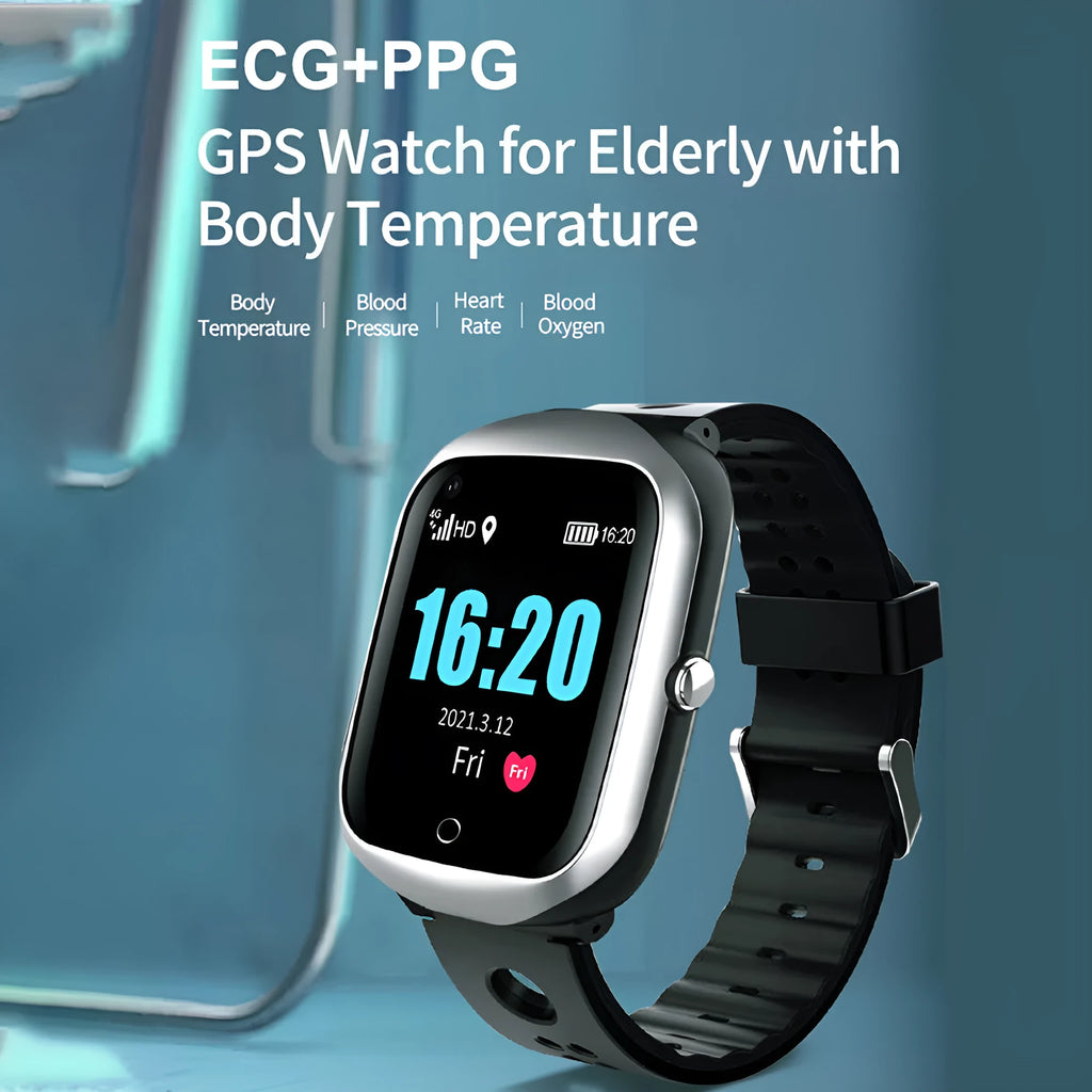 Black intelligent positioning phone watch for the elderly with a square screen and silicone strap.