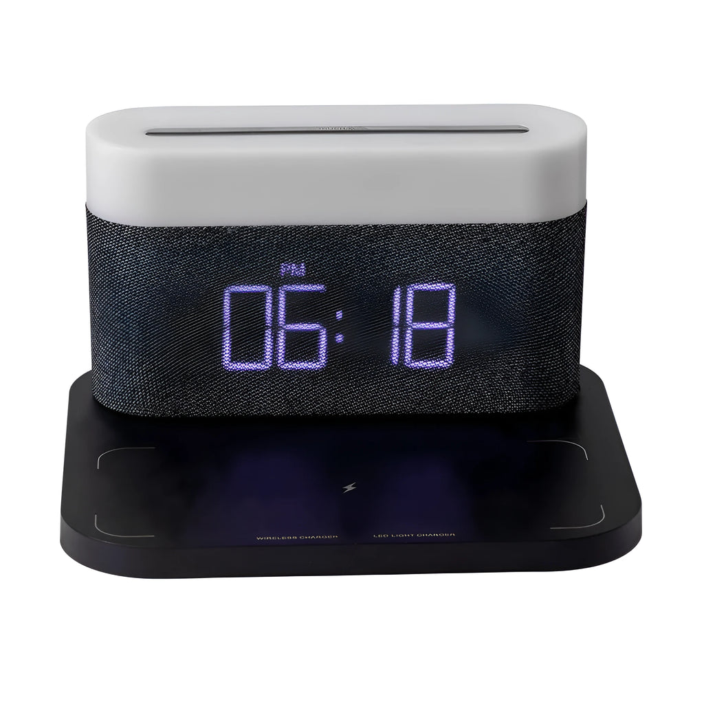 Wireless charger desktop clock night light table lamp in black or white with glass construction