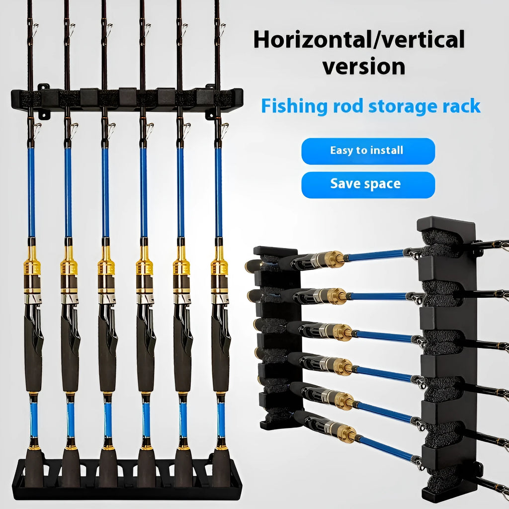 Black ABS plastic wall-mounted fishing rod holder in upright and horizontal frame styles