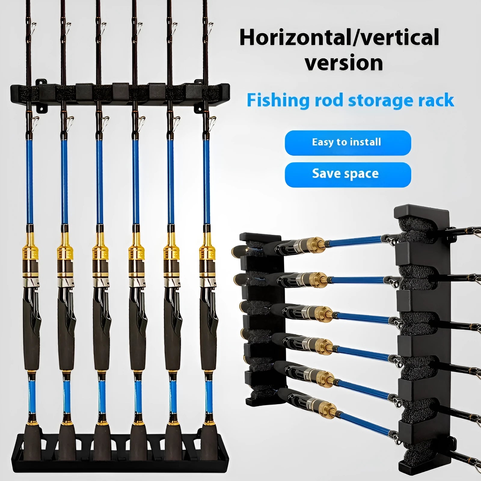 Black ABS plastic wall-mounted fishing rod holder in upright and horizontal frame styles