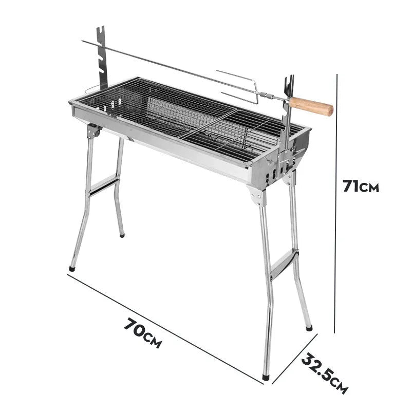 Large stainless steel portable flip barbecue oven with charcoal grill and cooking nets.