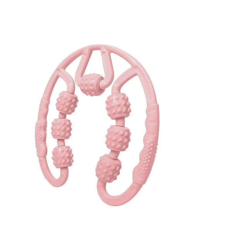 PP plastic leg massager roller with multiple wheels in macaron pink on a neutral background