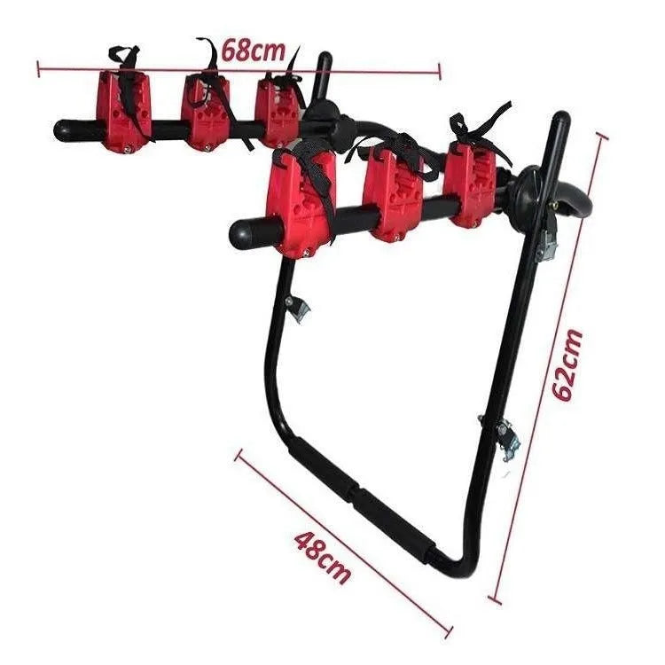 Black and red car boot mounted bike rack with iron frame and dual securing options