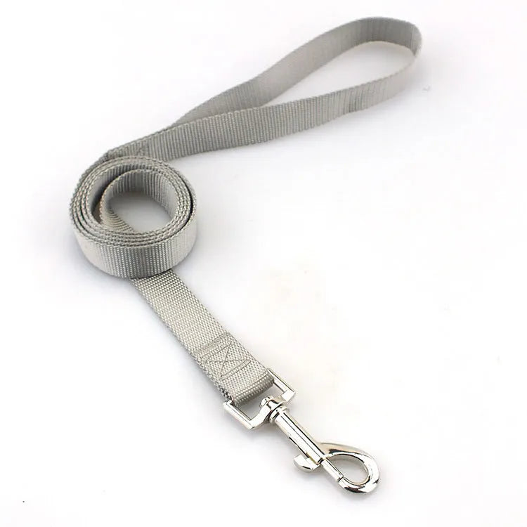 Solid colour polyester dog lead held in a hand, showing one of eleven colour options and its single rope construction.