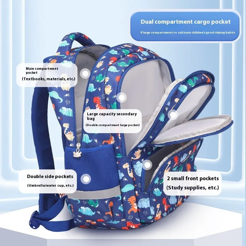 Blue children's waterproof school backpack with dinosaur print and curved shoulder straps