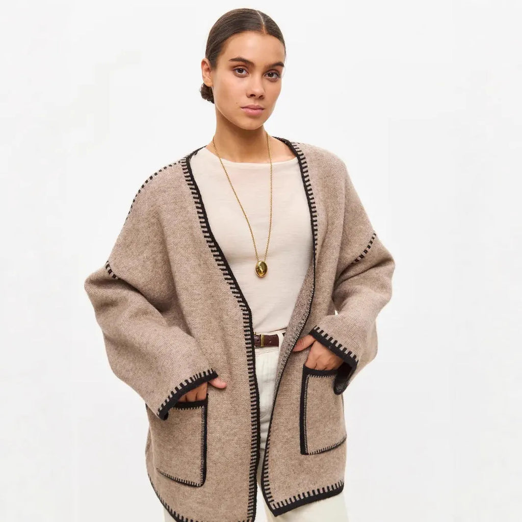 Knitted lace-up cardigan in thick cotton imitation cashmere fabric in camel colour