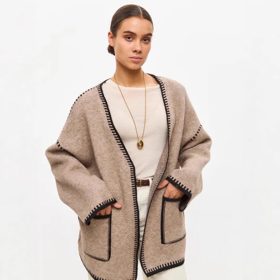 Knitted lace-up cardigan in thick cotton imitation cashmere fabric in camel colour