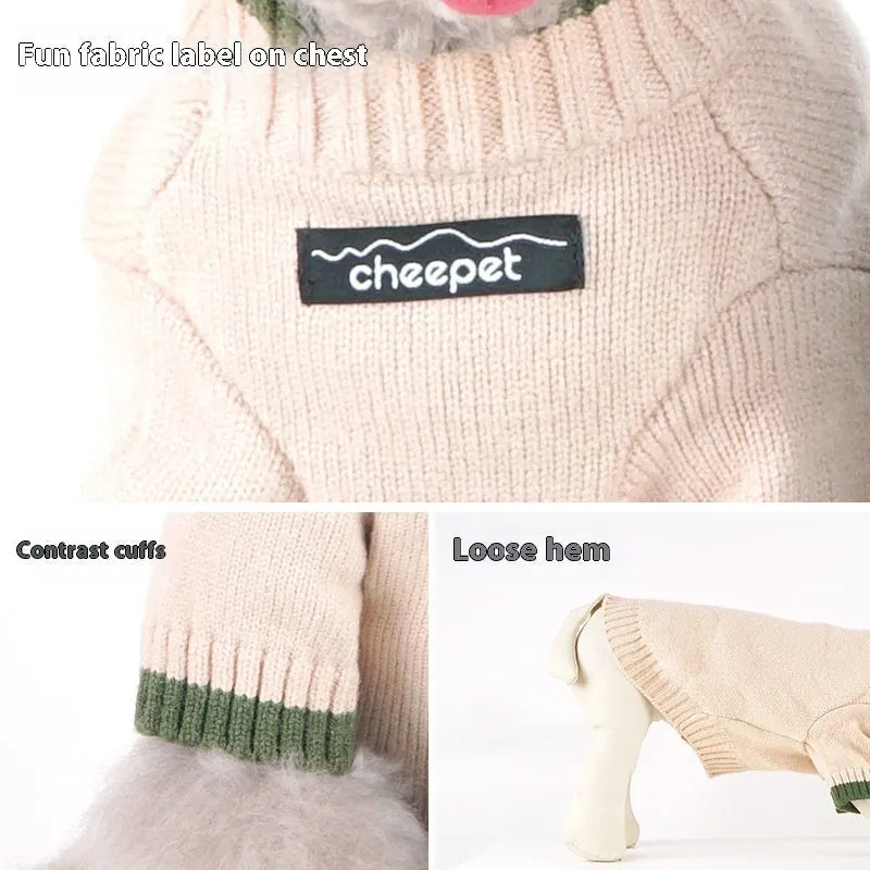 British style wool pet sweater on a small dog, showing the two-leg design in Crown Blue colour.