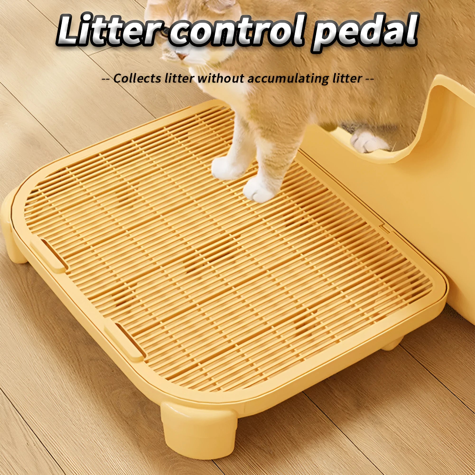 Milk yellow plastic cat litter mat with anti-slip silicone feet measuring 40 x 40.5 cm