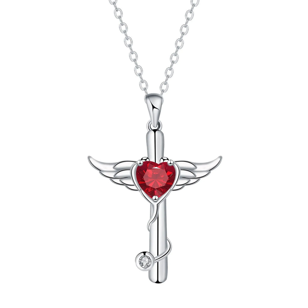 Silver-tone angel wings cross stethoscope necklace with diamond accent on copper chain