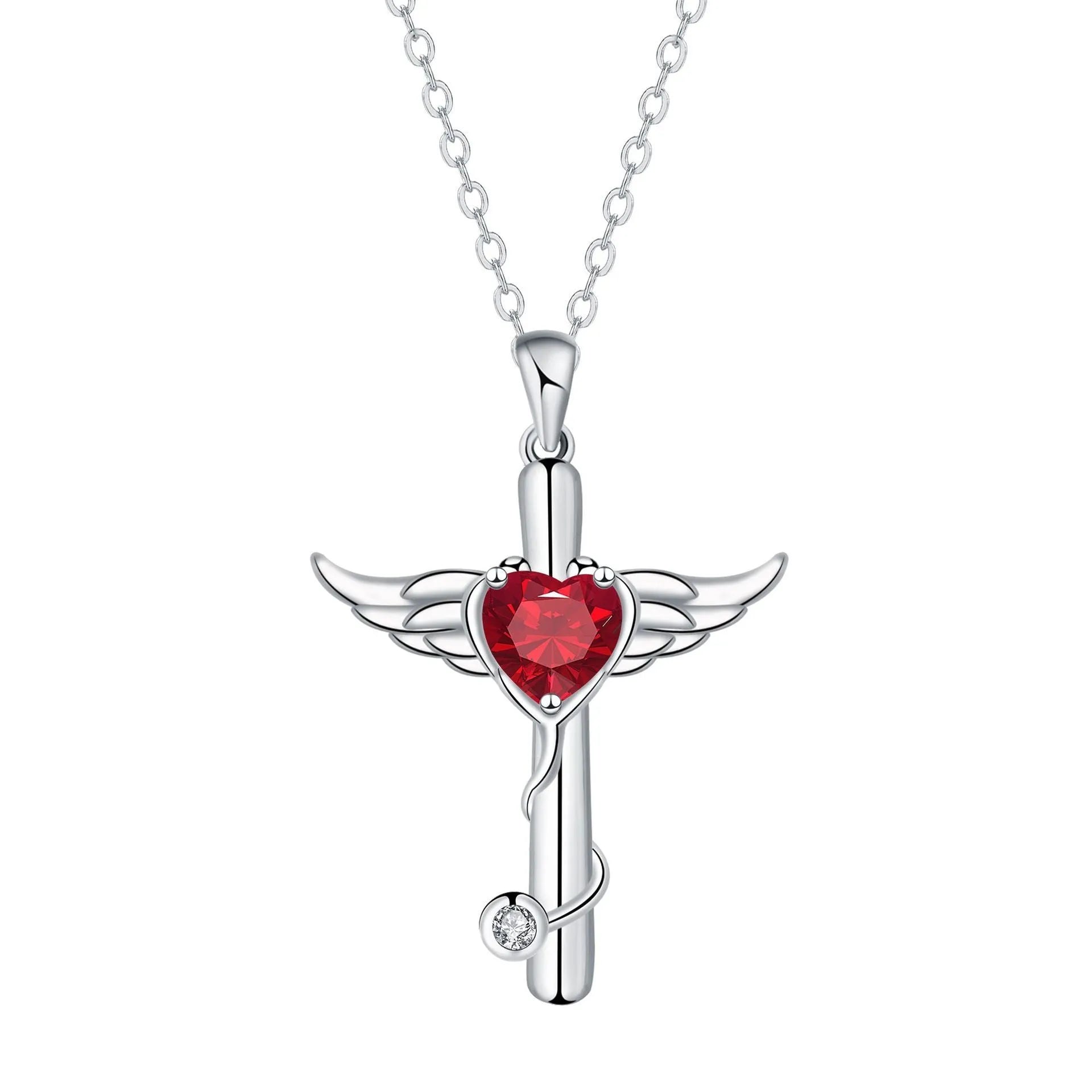 Silver-tone angel wings cross stethoscope necklace with diamond accent on copper chain