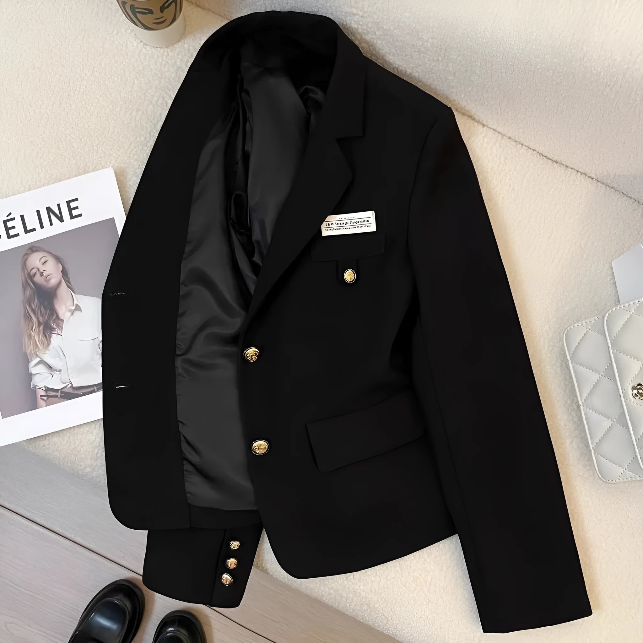 Women's black polyester short suit coat with loose fit and side pockets