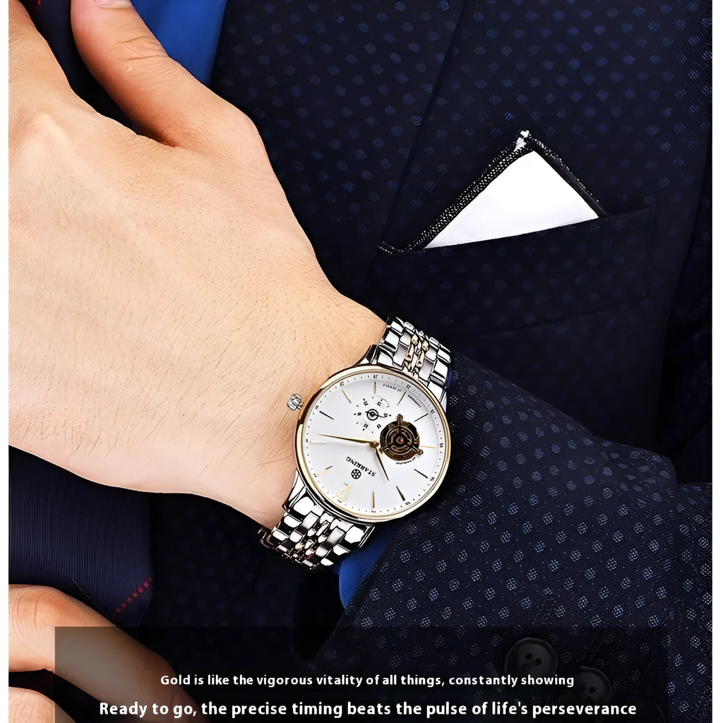 Automatic mechanical men's business watch with sapphire crystal glass and brown leather strap