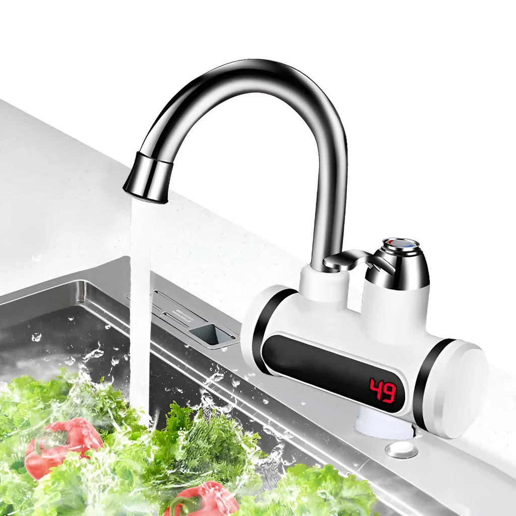 White kitchen instant electric water heater tap with digital temperature display and power cord.