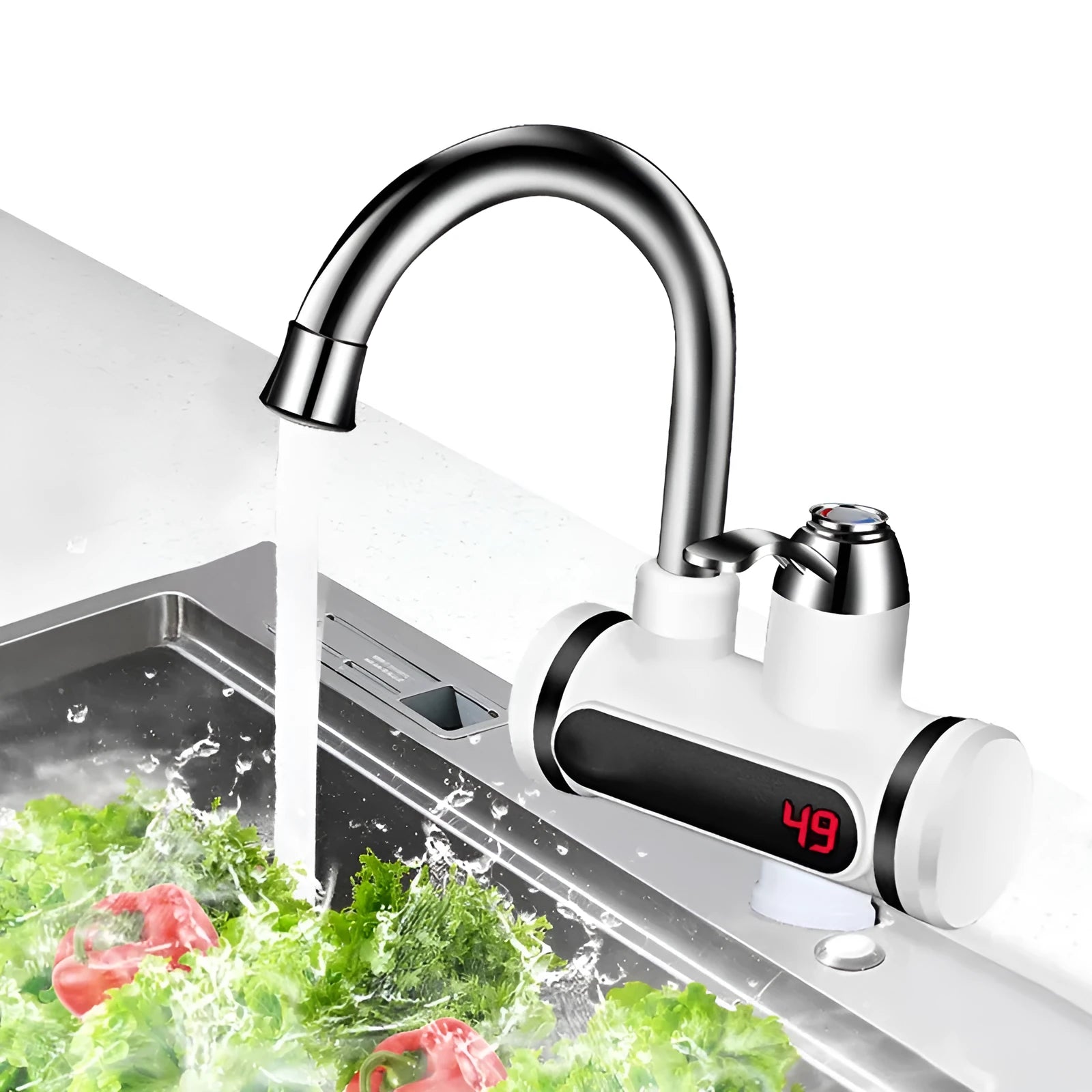 White kitchen instant electric water heater tap with digital temperature display and power cord.