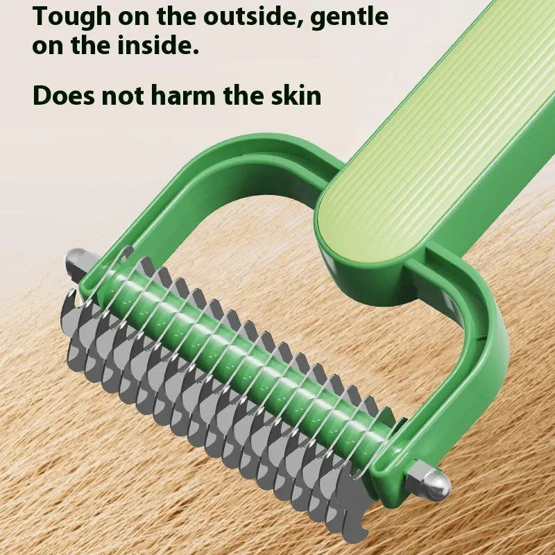 Green dog grooming comb with stainless steel teeth and a curved plastic handle for detangling matted fur.