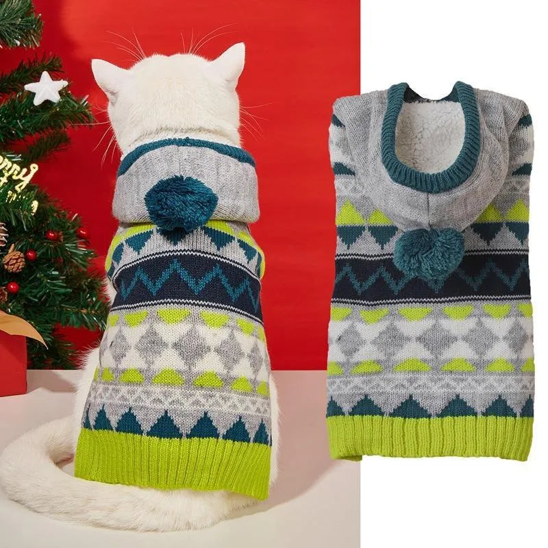 Classic diamond pattern pet sweater on small dog showing knit texture and colour options