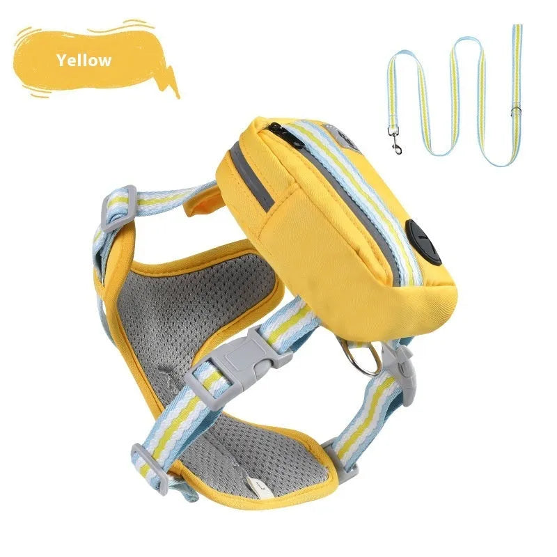 Explosion-proof anti-strathulation dog harness in Oxford cloth with attached chest strap and rope.