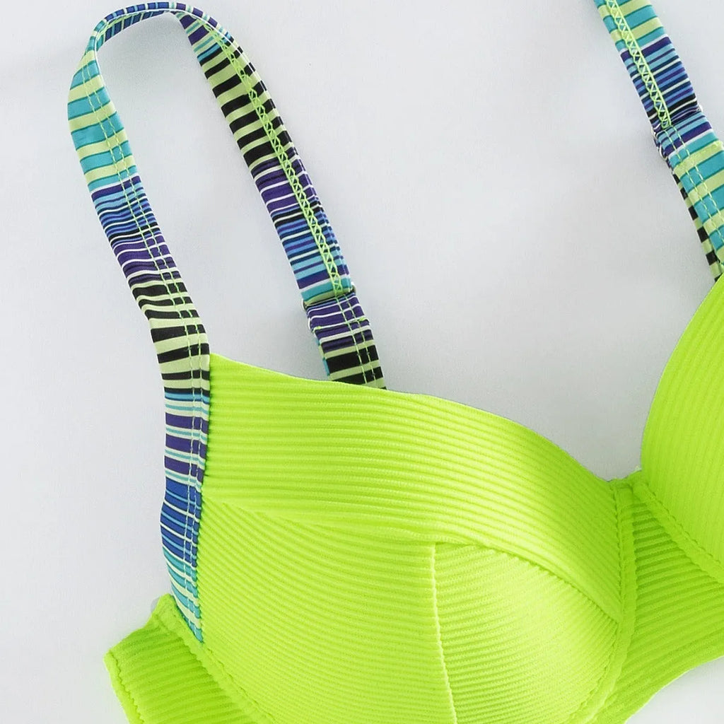 Green printed women's halter bikini with split briefs swimwear set