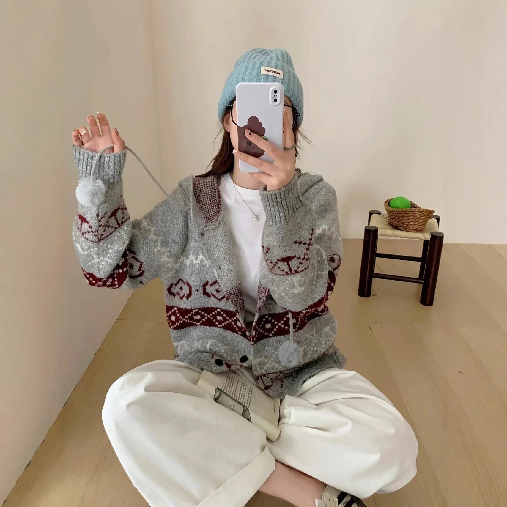 Geometric pattern brocade sweater coat in milky white loose fit plus size women's outerwear