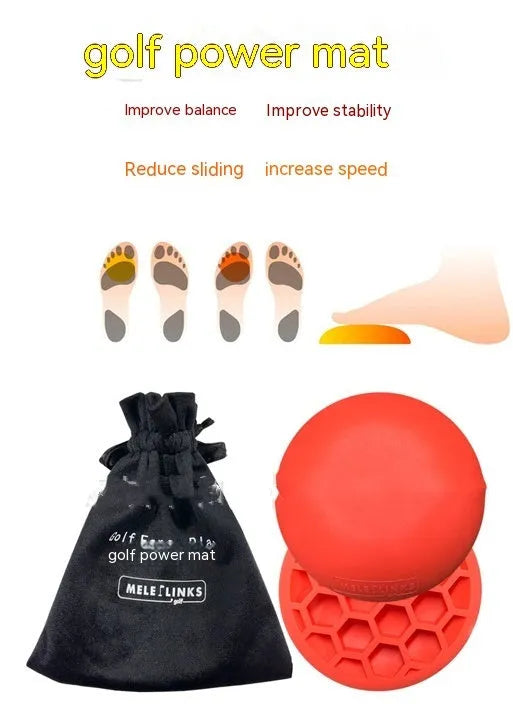 Orange golf training mat with natural rubber construction for centre of gravity swing practice