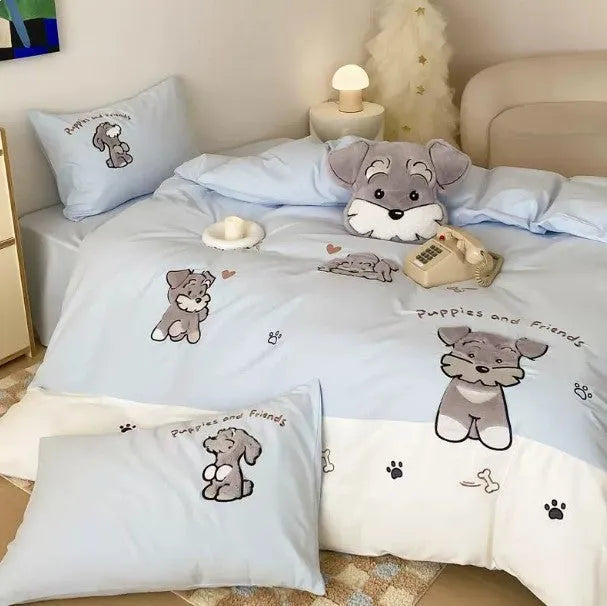 Cute Schnauzer dog pattern on a complete cotton bedding set with embroidery details