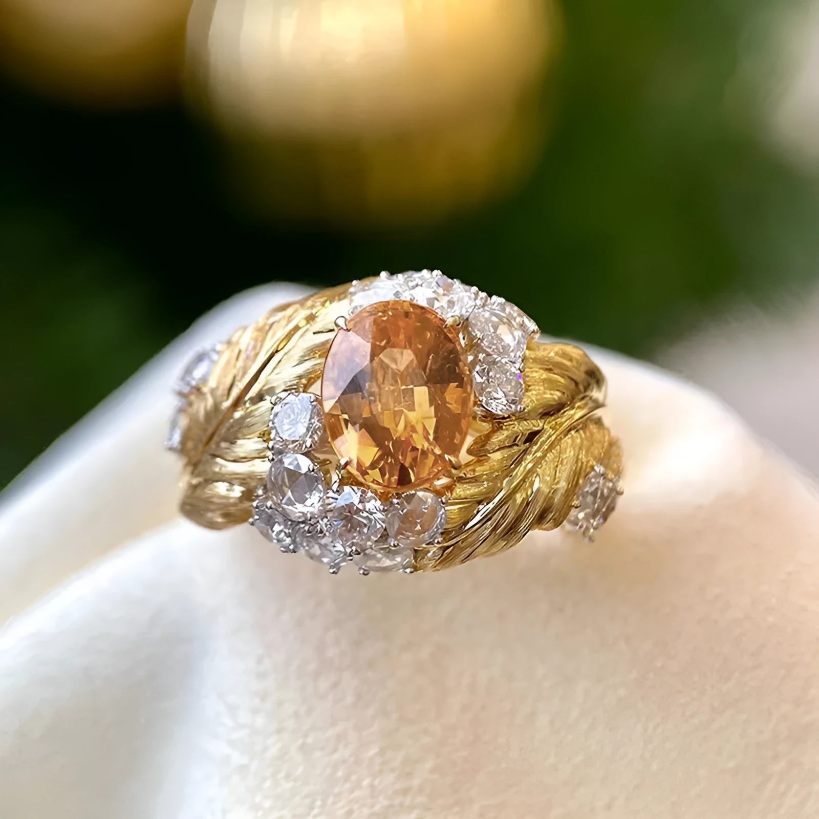 Gold-coloured copper ring with embossed feather pattern and yellow zircon stone