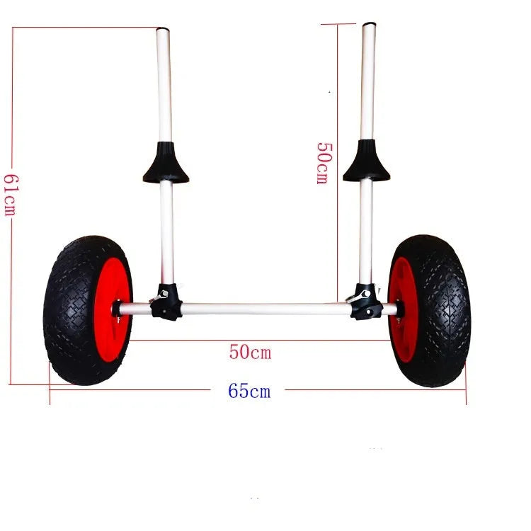 Foldable aluminium kayak trailer with upright pole platform and small cart for beach transport