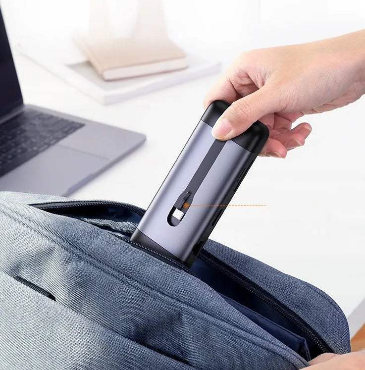USB-C to HDMI, USB 3.0, PD charging, VGA, and Ethernet docking station adapter with short cable.