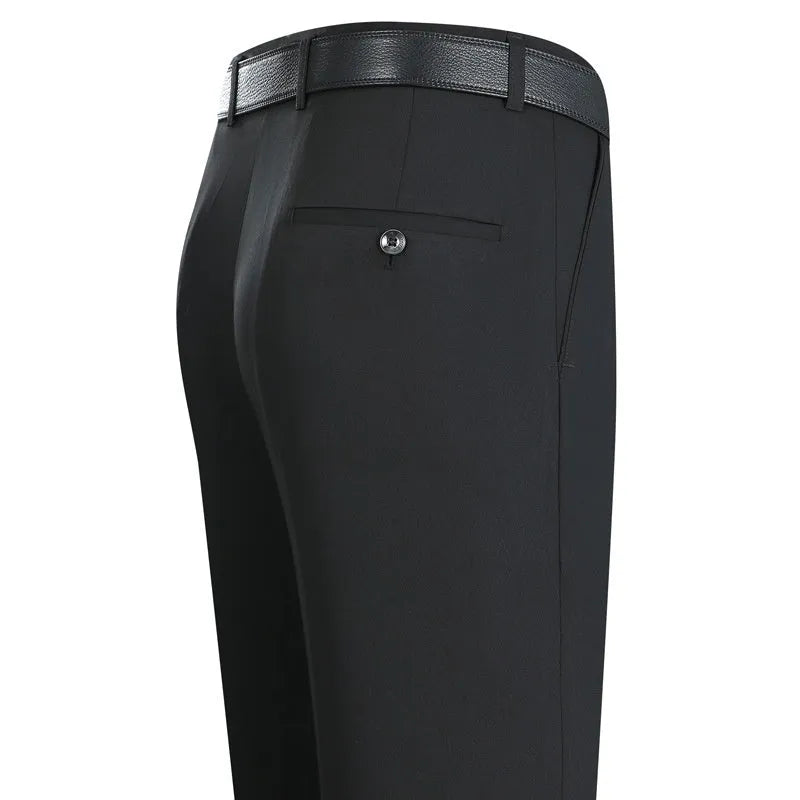 Men's straight-cut high-waist business trousers in a mulberry silk blend fabric.
