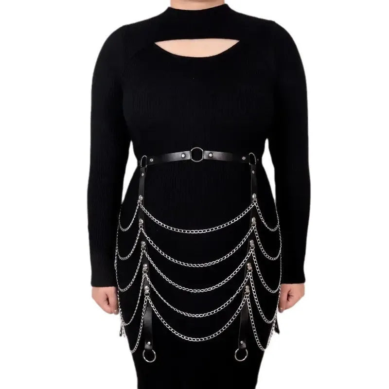 Black PU leather waist chain with bandage binding design and metallic ornament detail