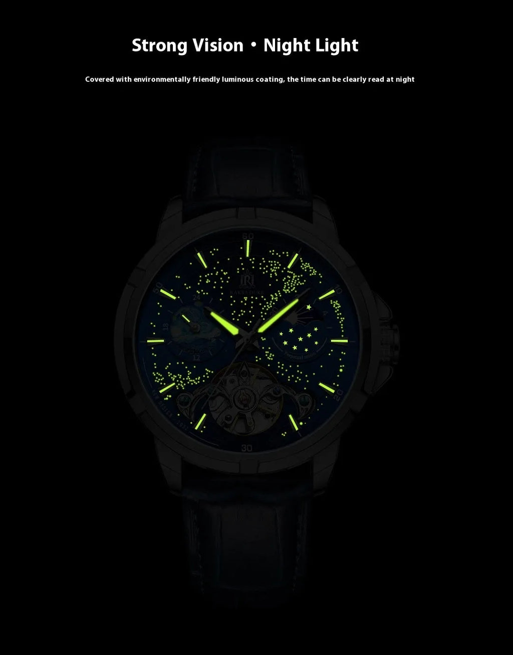 Men's blue automatic skeleton watch with open-heart dial on wrist