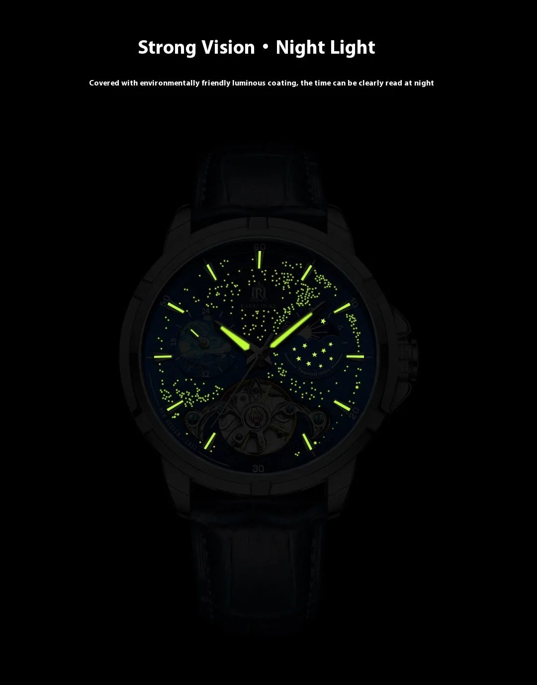 Men's blue automatic skeleton watch with open-heart dial on wrist