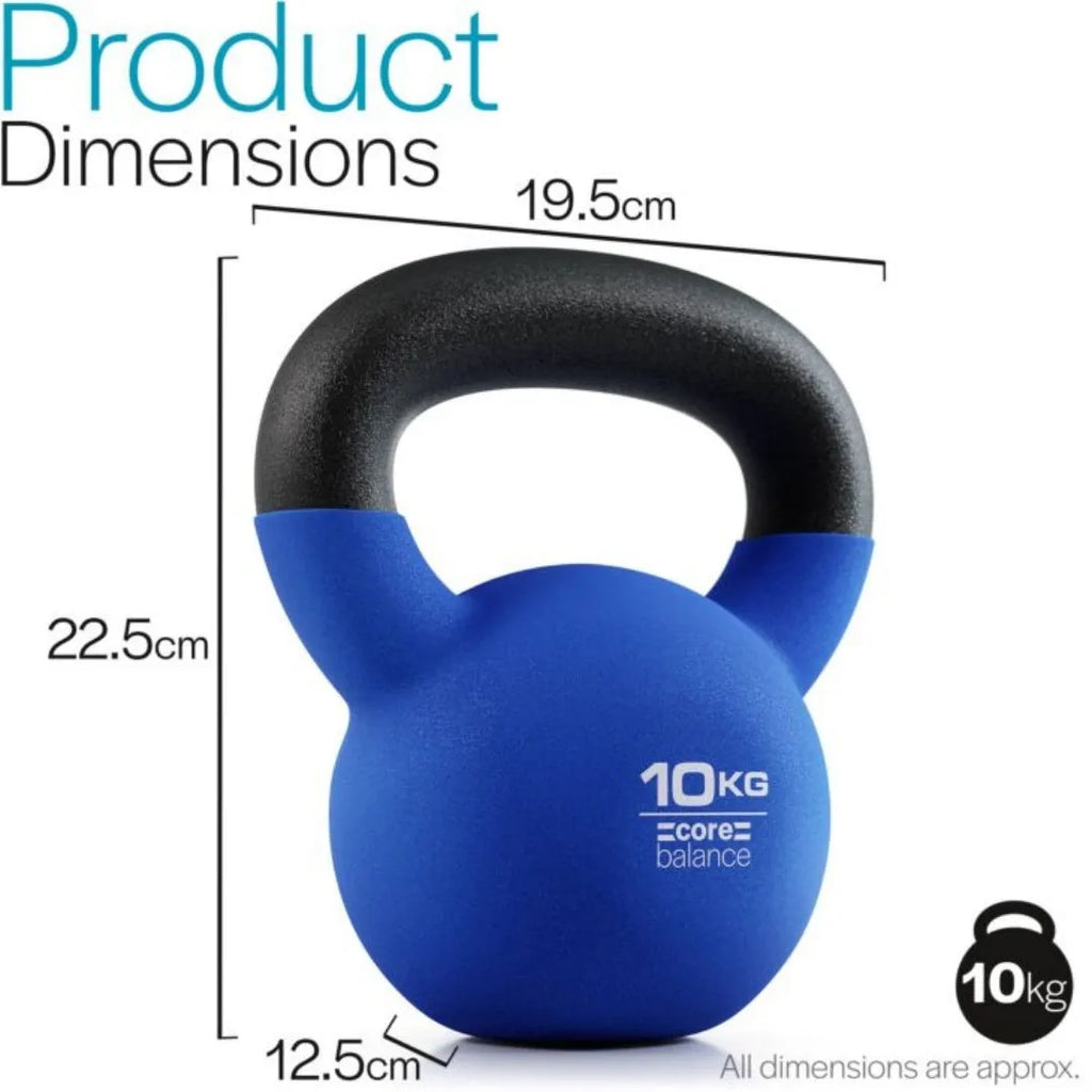 Blue solid cast iron teapot dumbbell on a grey background showing handle and 10kg weight.