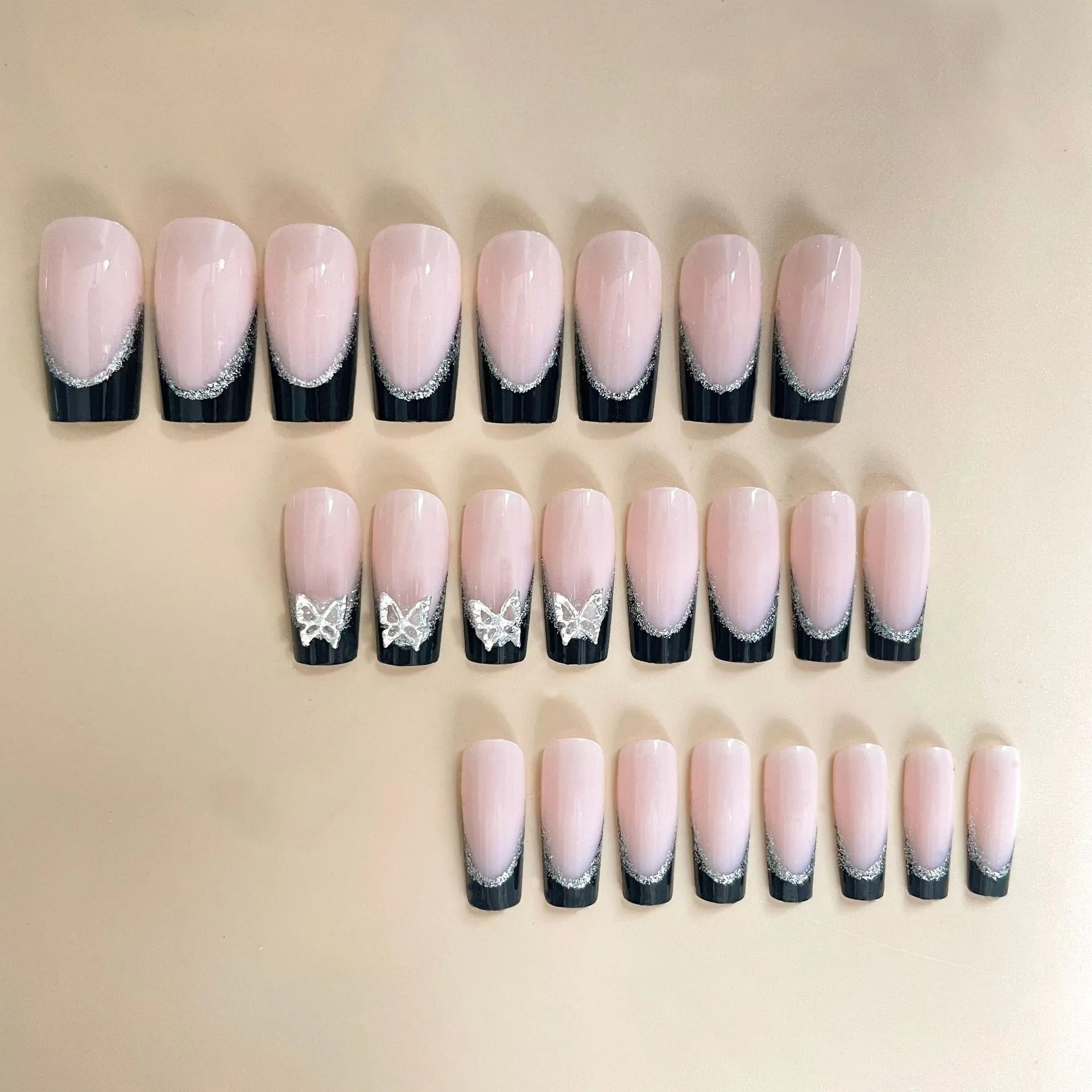French style false nails with butterfly pattern and glitter effect in black colour option