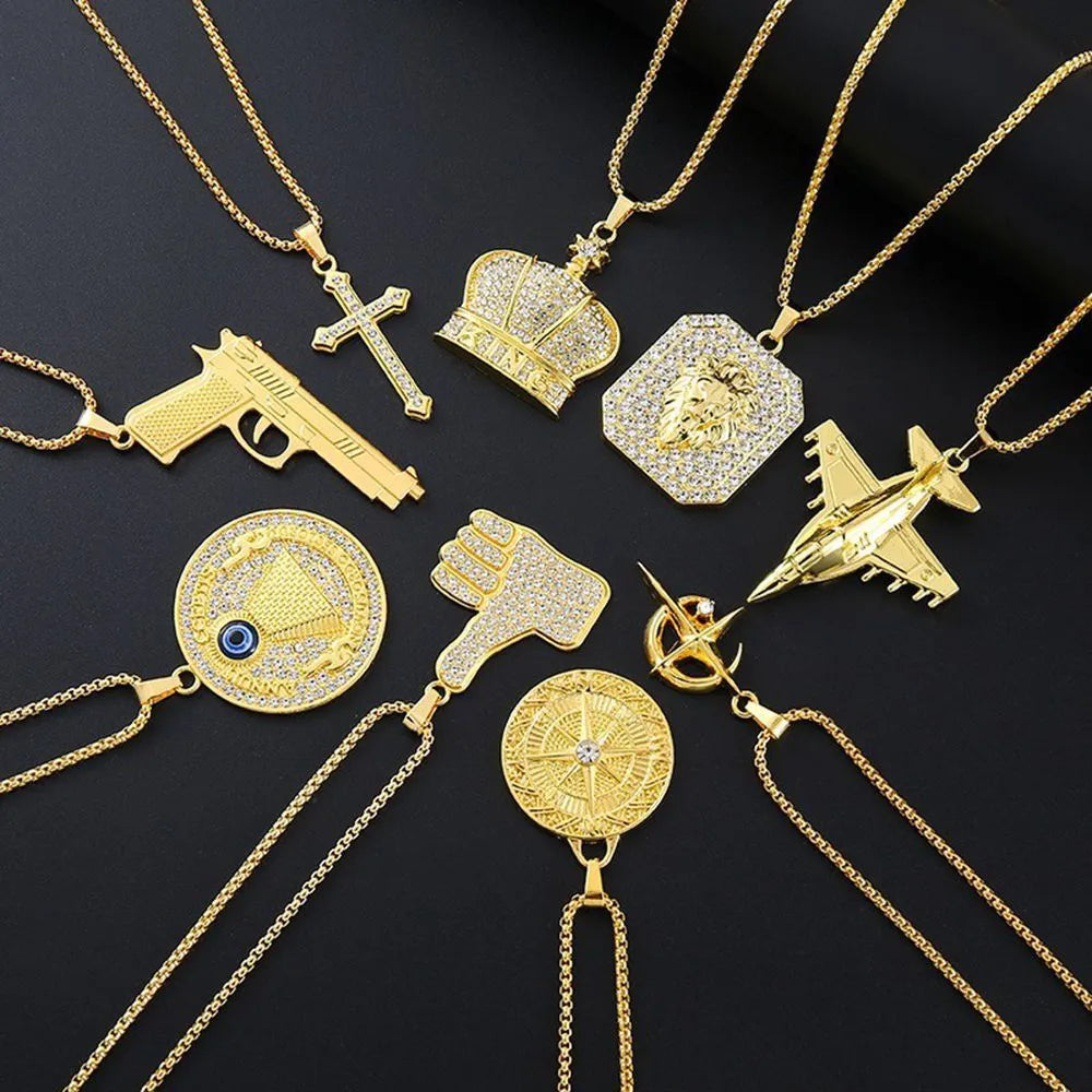 Gold geometric pendant necklace with inlaid zircon stones for women