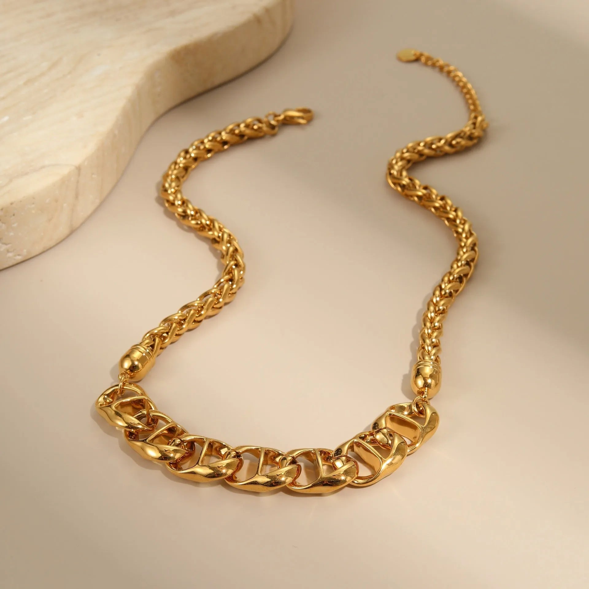 Stainless steel necklace with geometric pendant in gold plated or steel colour options