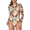 Women's leaf floral print backless one-piece swimsuit on a white background