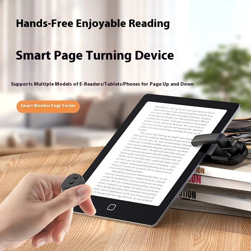 Smart wireless page turner remote and clicker in black, white, or pink colours.